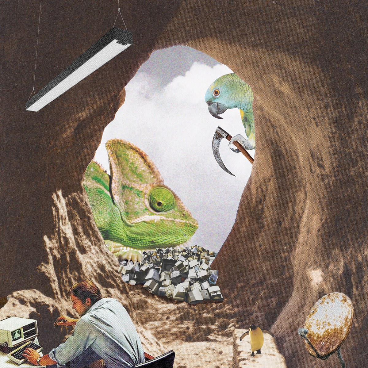 Rawland collage showing animals, computers and a person working inside a cave.