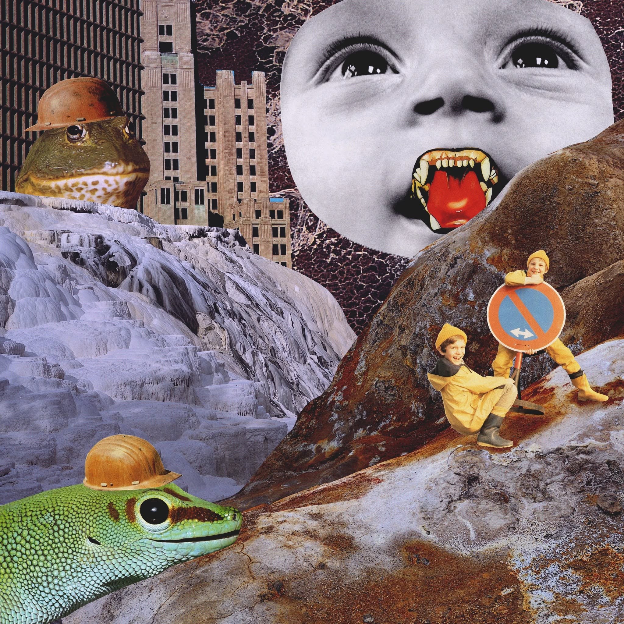 Unnatural Disaster collage with giant animals, children and a surreal face in a rocky landscape.